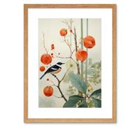 Wall Art Print Small Bird on Blooming Tree Branch Botanical Artwork Red Teal Nature Study Audubon Style Artwork Framed 9X7 Inch Artery8 Beige W7 inch x H9 inch