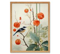 Wall Art Print Small Bird on Blooming Tree Branch Botanical Artwork Red Teal Nature Study Audubon Style Art Framed Artery8 Light Oak W12 inch x H16 inch