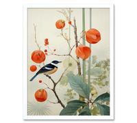 Wall Art Print Small Bird on Blooming Tree Branch Botanical Artwork Red Teal Nature Study Audubon Style Art Framed Artery8 White W12 inch x H16 inch