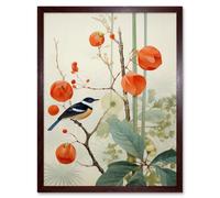 Wall Art Print Small Bird on Blooming Tree Branch Botanical Artwork Red Teal Nature Study Audubon Style Art Framed Artery8 Brown W12 inch x H16 inch