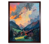 Wall Art Print Small Village in the Alps Atmospheric Clouds Over Cabins at Dawn Modern Watercolour Painting Art Framed Artery8 Brown W12 inch x H16 inch
