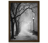 Wall Art Print Snow Covered Street in the Misty Glow of Light Posts Atmospheric Black and White Photograph Winter Scene Artwork Framed A4 Artery8 Brown A4