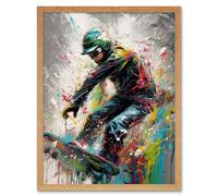 Wall Art Print Snowboarding Extreme Sport Athlete Paint Splat Art Framed Artery8 Light Oak W12 inch x H16 inch