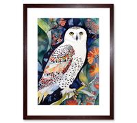 Wall Art Print Snowy Owl On Blooming Tree Folk Artwork Framed 9X7 Inch Artery8 Brown W7 inch x H9 inch