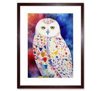 Wall Art Print Snowy Owl With Multicoloured Spot Feathers Folk Artwork Framed 9X7 Inch Artery8 Brown W7 inch x H9 inch