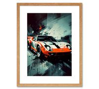 Wall Art Print Sports Car Racing Oil Painting Sports Supercar Driving Orange Gift for Him Artwork Framed 9X7 Inch Artery8 Beige W7 inch x H9 inch