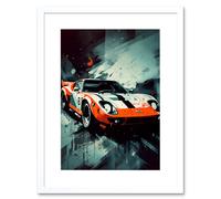 Wall Art Print Sports Car Racing Oil Painting Sports Supercar Driving Orange Gift for Him Artwork Framed 9X7 Inch Artery8 White W7 inch x H9 inch