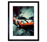 Wall Art Print Sports Car Racing Oil Painting Sports Supercar Driving Orange Gift for Him Artwork Framed 9X7 Inch Artery8 Black W7 inch x H9 inch