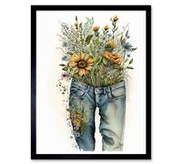 Wall Art Print Spring Wildflowers Bursting out of a Pair of Jeans Art Framed Artery8 Black W12 inch x H16 inch