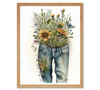 Wall Art Print Spring Wildflowers Bursting out of a Pair of Jeans Art Framed Artery8 Light Oak W12 inch x H16 inch
