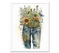 Wall Art Print Spring Wildflowers Bursting out of a Pair of Jeans Art Framed Artery8 White W12 inch x H16 inch
