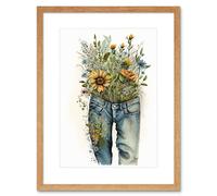 Wall Art Print Spring Wildflowers Bursting out of a Pair of Jeans Artwork Framed 9X7 Inch Artery8 Beige W7 inch x H9 inch
