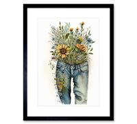 Wall Art Print Spring Wildflowers Bursting out of a Pair of Jeans Artwork Framed 9X7 Inch Artery8 Black W7 inch x H9 inch