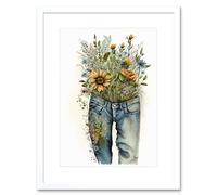 Wall Art Print Spring Wildflowers Bursting out of a Pair of Jeans Artwork Framed 9X7 Inch Artery8 White W7 inch x H9 inch