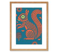 Wall Art Print Squirrel Colour Block Modern Folk Art Linocut Artwork Framed 9X7 Inch Artery8 Beige W7 inch x H9 inch