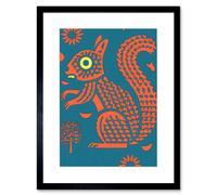 Wall Art Print Squirrel Colour Block Modern Folk Art Linocut Artwork Framed 9X7 Inch Artery8 Black W7 inch x H9 inch