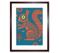 Wall Art Print Squirrel Colour Block Modern Folk Art Linocut Artwork Framed 9X7 Inch Artery8 Brown W7 inch x H9 inch