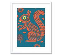 Wall Art Print Squirrel Colour Block Modern Folk Art Linocut Artwork Framed 9X7 Inch Artery8 White W7 inch x H9 inch