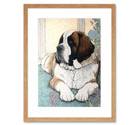 Wall Art Print St Bernard Dog Lying by Flower Pot Modern Bright Multicoloured Artwork Framed 9X7 Inch Artery8 Beige W7 inch x H9 inch