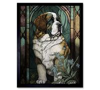 Wall Art Print St Bernard Dog with Silvery Lupine Flowers Modern Art Nouveau Art Framed Artery8 Black W12 inch x H16 inch