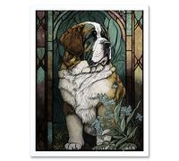 Wall Art Print St Bernard Dog with Silvery Lupine Flowers Modern Art Nouveau Art Framed Artery8 White W12 inch x H16 inch