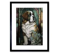 Wall Art Print St Bernard Dog with Silvery Lupine Flowers Modern Art Nouveau Artwork Framed 9X7 Inch Artery8 Black W7 inch x H9 inch