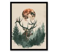 Wall Art Print Stag Full Moon Pine Trees Forest Artistic Design Art Framed Poster Artery8 Black A4