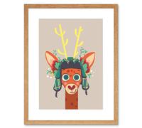 Wall Art Print Stag with Tartan Hat Art Framed 9x7 inch Artery8 Beige W7 inch x H9 inch