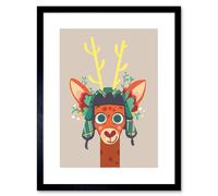Wall Art Print Stag with Tartan Hat Art Framed 9x7 inch Artery8 Black W7 inch x H9 inch