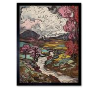 Wall Art Print Storm Brewing over River Landscape with Pink Trees Art Framed Artery8 Black W12 inch x H16 inch