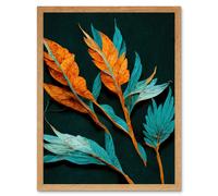 Wall Art Print Striking Modern Bright Teal and Orange Detailed Dried Leaves on Black Art Framed Artery8 Light Oak W12 inch x H16 inch