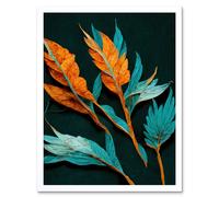 Wall Art Print Striking Modern Bright Teal and Orange Detailed Dried Leaves on Black Art Framed Artery8 White W12 inch x H16 inch