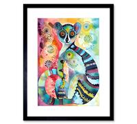Wall Art Print Striped Ring-Tailed Lemur Multicoloured Folk Art Watercolour Painting Artwork Framed 9X7 Inch Artery8 Black W7 inch x H9 inch