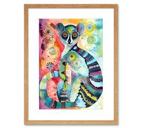 Wall Art Print Striped Ring-Tailed Lemur Multicoloured Folk Art Watercolour Painting Artwork Framed 9X7 Inch Artery8 Beige W7 inch x H9 inch