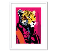 Wall Art Print Strong Leopard in Suit Bold Artwork Orange Pop Art Hot Pink Vibrant Portrait Artwork Framed 9X7 Inch Artery8 White W7 inch x H9 inch