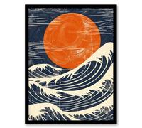 Wall Art Print Sun and Waves Japanese Style Orange Blue Seascape Art Framed Poster Artery8 Black W12 inch x H16 inch