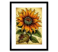 Wall Art Print Sunflower Bloom Old School USA Tattoo Ink Body Art Rockabilly Americana 50s Artwork Framed 9X7 Inch Artery8 Black W7 inch x H9 inch