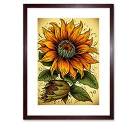 Wall Art Print Sunflower Bloom Old School USA Tattoo Ink Body Art Rockabilly Americana 50s Artwork Framed 9X7 Inch Artery8 Brown W7 inch x H9 inch