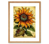 Wall Art Print Sunflower Bloom Old School USA Tattoo Ink Body Art Rockabilly Americana 50s Artwork Framed 9X7 Inch Artery8 Beige W7 inch x H9 inch