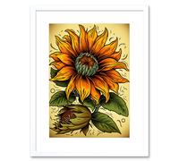 Wall Art Print Sunflower Bloom Old School USA Tattoo Ink Body Art Rockabilly Americana 50s Artwork Framed 9X7 Inch Artery8 White W7 inch x H9 inch