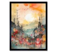 Wall Art Print Sunrise Over Misty Mountain Forest Landscape Modern Watercolour Painting Art Framed Artery8 Black W12 inch x H16 inch