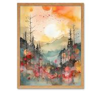Wall Art Print Sunrise Over Misty Mountain Forest Landscape Modern Watercolour Painting Art Framed Artery8 Light Oak W12 inch x H16 inch