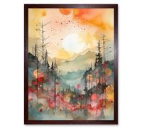 Wall Art Print Sunrise Over Misty Mountain Forest Landscape Modern Watercolour Painting Art Framed Artery8 Brown W12 inch x H16 inch