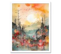 Wall Art Print Sunrise Over Misty Mountain Forest Landscape Modern Watercolour Painting Art Framed Artery8 White W12 inch x H16 inch