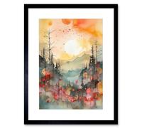 Wall Art Print Sunrise Over Misty Mountain Forest Landscape Modern Watercolour Painting Artwork Framed 9X7 Inch Artery8 Black W7 inch x H9 inch