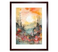 Wall Art Print Sunrise Over Misty Mountain Forest Landscape Modern Watercolour Painting Artwork Framed 9X7 Inch Artery8 Brown W7 inch x H9 inch