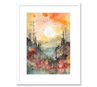 Wall Art Print Sunrise Over Misty Mountain Forest Landscape Modern Watercolour Painting Artwork Framed 9X7 Inch Artery8 White W7 inch x H9 inch