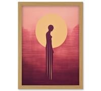 Wall Art Print Sunrise Solitude Minimalist Artwork Plum Pink Gold African Woman Silhouette in Golden Sun Halo Artwork Framed A4 Artery8 Light Oak A4