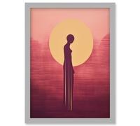 Wall Art Print Sunrise Solitude Minimalist Artwork Plum Pink Gold African Woman Silhouette in Golden Sun Halo Artwork Framed A4 Artery8 Grey A4