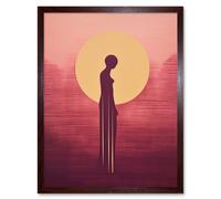 Wall Art Print Sunrise Solitude Minimalist Artwork Plum Pink Gold African Woman Silhouette in Golden Sun Halo Art Framed Artery8 Brown W12 inch x H16 inch